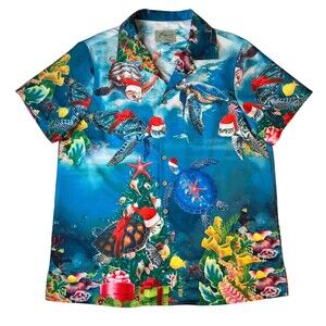Hawaiian Shirts Lightweight Tropical Christmas Turtle Print Aloha Shirt  Size L
